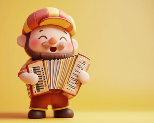 Cute 3D character playing an accordion, wearing colorful cap and smiling joyfully. This charming scene captures essence of fun and music, perfect for festive themes