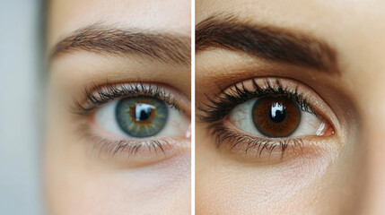 Fototapeta premium Collage showing woman's eye before and after mascara application.
