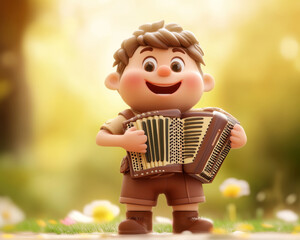 A cheerful 3D character plays an accordion in sunny outdoor setting, surrounded by flowers. joyful expression and vibrant colors create delightful atmosphere