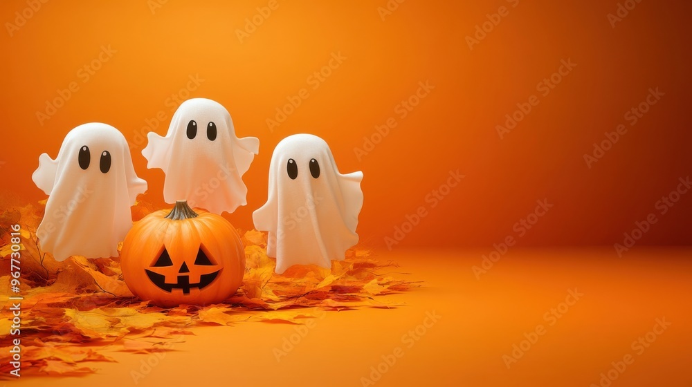 Wall mural halloween banner or background in orange color with two little sheet ghosts and halloween pumpkin wi