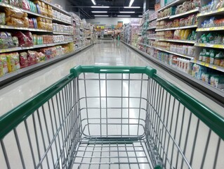 Grocery shopping cart with green handle in aisle and products shelf in the background. 