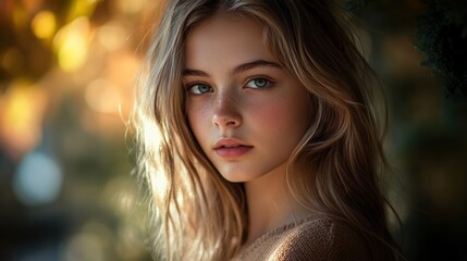 Fototapeta premium A woman with long blonde hair and blue eyes is standing in front of a tree