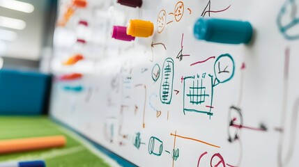 Close-up of Football Coach's Whiteboard with Tactical Diagrams and Vibrant Markers