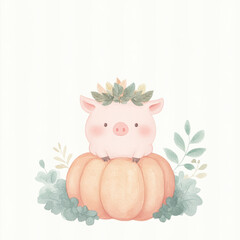 Obraz premium Cute Pig on Pumpkin.