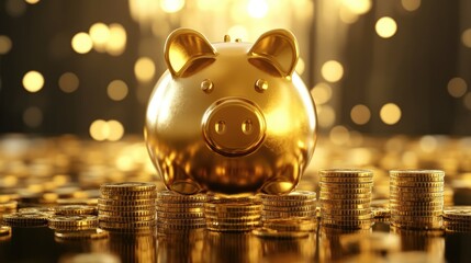 3D illustration of a gold piggy bank with gold coin stacks representing finance savings and investment concepts, Generative Ai