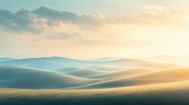 A dreamy pastel landscape with rolling hills, fluffy clouds, and a soft, diffused light.