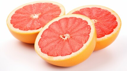 Freshly cut grapefruits showcasing vibrant pink flesh on a plain white background