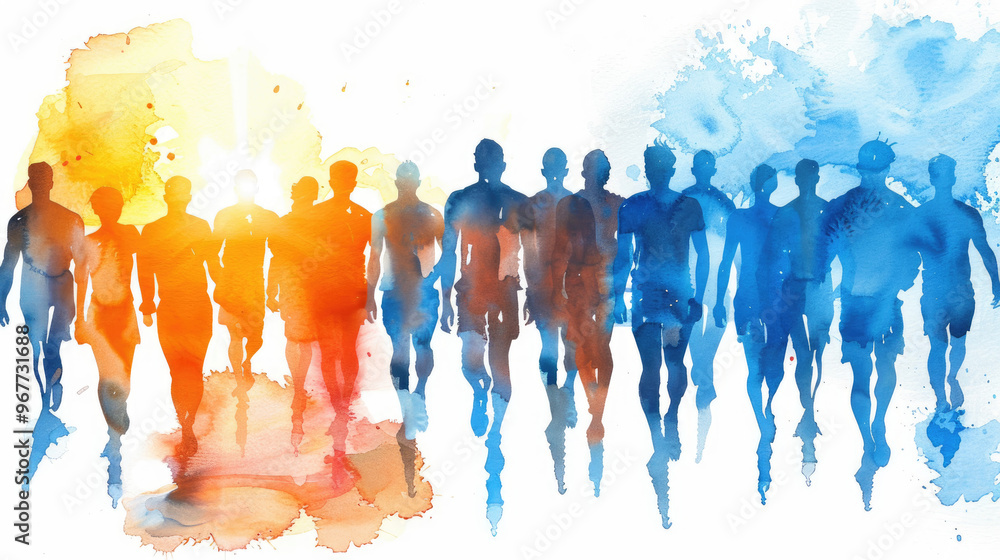 Poster silhouetted figures move forward in a dynamic composition of orange and blue, symbolizing connection