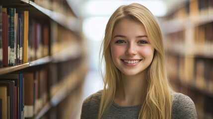 young blonde woman in a library aisle, reflecting her joyful attitude and intellectual curiosity in an academic setting