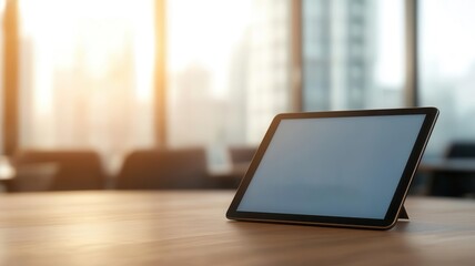 Fototapeta premium Closeup of a digital tablet showing a business growth graph, with meeting room setting in the background, business technology, financial growth