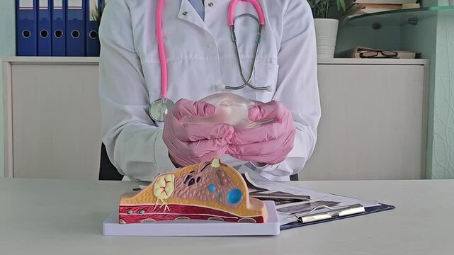 Damaged torn gummy bear breast implant in surgeon's hands
