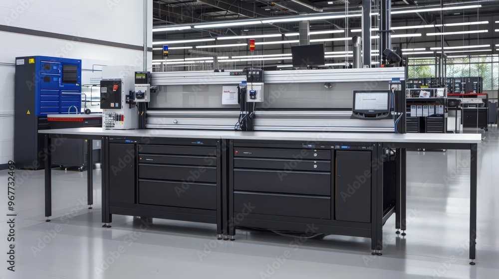 Poster workbenches with modular components and expandable work surfaces support scalability and operational