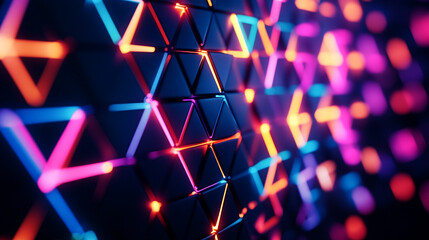 Naklejka premium Vibrant geometric patterns with colorful neon lights create a striking visual effect in a dark setting