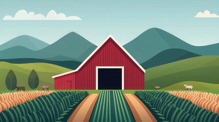 Fototapeta premium A vibrant rural landscape featuring a red barn, green fields, and rolling hills under a clear blue sky, ideal for nature-themed projects.