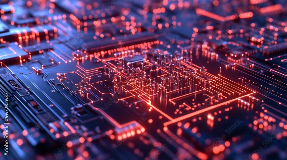 Aufkleber close-up of a circuit board with red glowing lines and a blurred background.