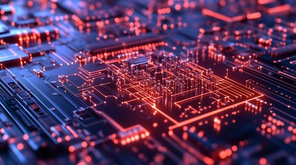 Obraz premium Close-up of a circuit board with red glowing lines and a blurred background.