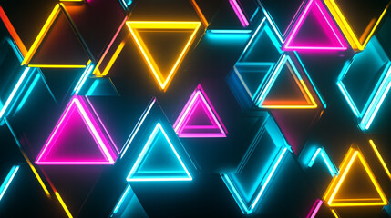 Colorful abstract illustration of glowing neon triangles in vibrant hues set against a dark background for modern digital art