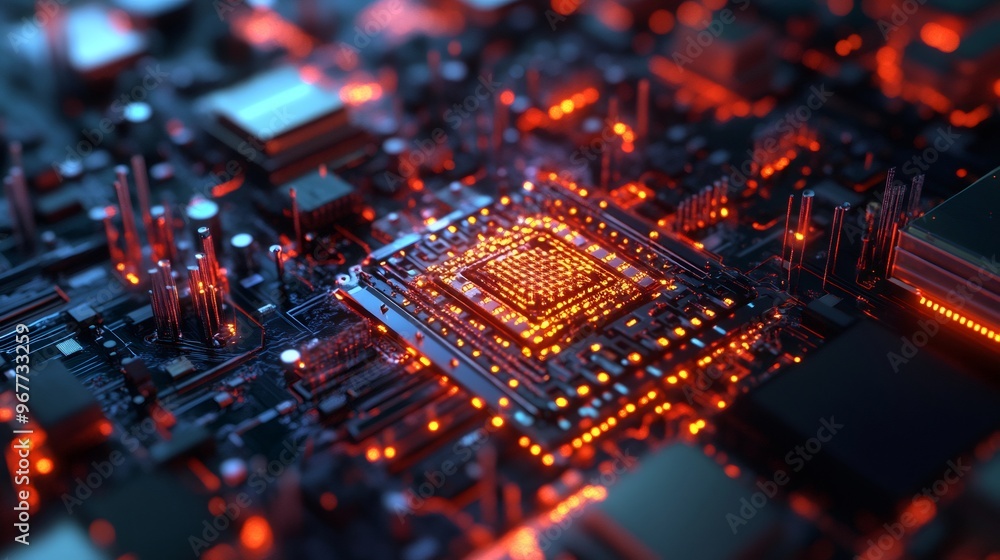 Poster close-up of a glowing circuit board with a bright orange processor in the center.