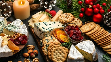 Festive Holiday Cheese Board with Assorted Gourmet Snacks and Decorative Elements