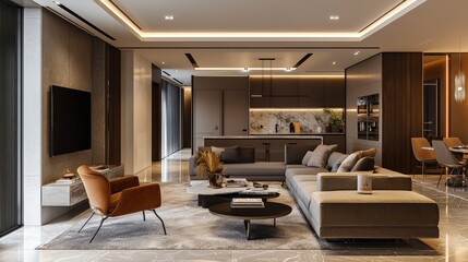 Fototapeta premium Open-plan modern interior with luxurious furnishings and ambient lighting
