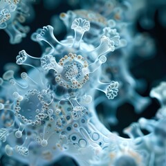 A close-up of a microscopic virus structure with intricate details, ideal for illustrating scientific research, medical articles, or educational materials on microbiology and virology,