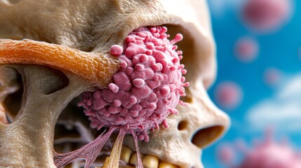 A detailed 3D rendering of eye cancer on a human skull, showing tumor cells in the eye socket, Suitable for educational, medical, and scientific publications on oncology and human anatomy,