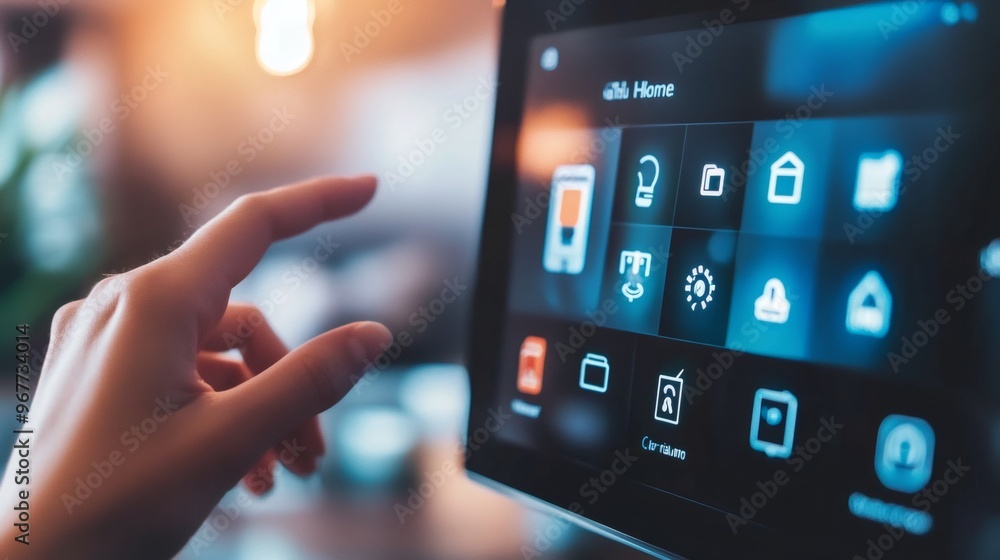 Poster close-up of a hand interacting with a smart home system interface.