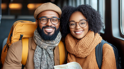 Happy couple on a travel adventure, exploring new destinations together with backpacks and a map