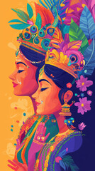 Naklejka premium A vibrant and colorful depiction of Hindu festival, showcasing traditional attire and intricate details. artwork captures essence of celebration and cultural richness