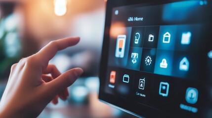 Close-up of a hand interacting with a smart home system interface.