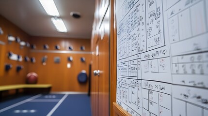 Football Coach's Detailed Game Formations and Strategy on Locker Room Board