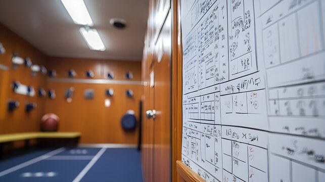 Football Coach's Detailed Game Formations and Strategy on Locker Room Board