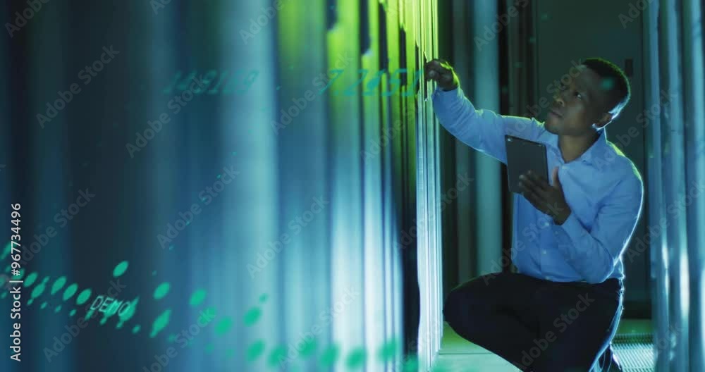 Poster animation of data processing over biracial male worker in server room