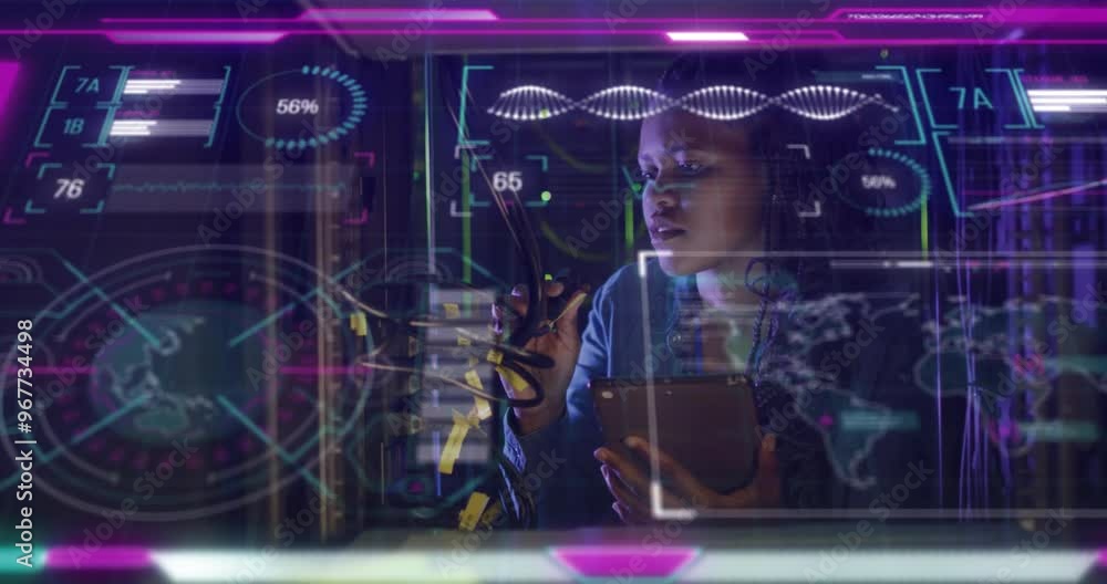 Poster animation of science data processing over biracial female worker in server room