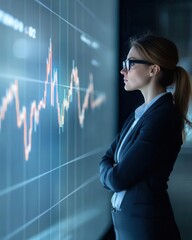 Professional businesswomen analyzing stock market trends on a wallmounted screen, market analysis, corporate finance