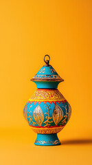 A colorful image of Diwali lantern featuring intricate designs and vibrant colors against bright yellow background. This decorative piece symbolizes joy and celebration