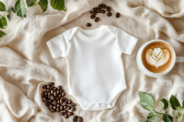 White baby onesie laid on fabric with coffee beans and latte nearby with copy space, coffee themed pregnancy announcement concept