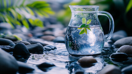 Ad template of a water filter pitcher on ripple water with stones and leaves. Hydration focus.