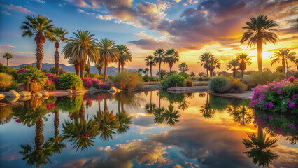Scenic desert oasis at sunset with palm trees, flowers, and reflections , sunset, desert, oasis, palm trees, flowers
