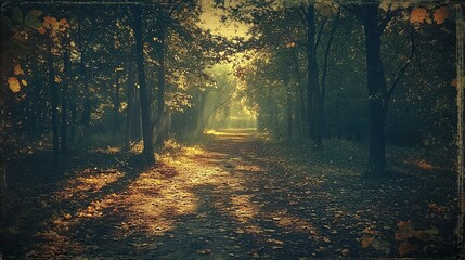 Fototapeta premium A sunlit forest path with a vintage film grain overlay, dappled light filtering through the leaves, creating a sense of nostalgia and adventure.