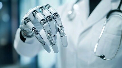 Closeup of a robotic hand wearing a doctor's coat and a stethoscope.