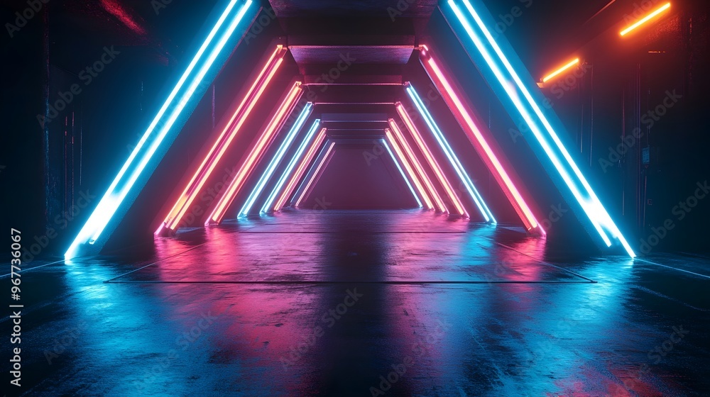 Poster Glowing Neon Triangular Tunnel with Architectural Lighting Design