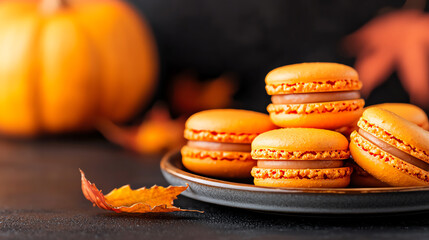 Delicious orange macarons with a rich filling, perfect for fall decorations alongside pumpkins and autumn leaves.