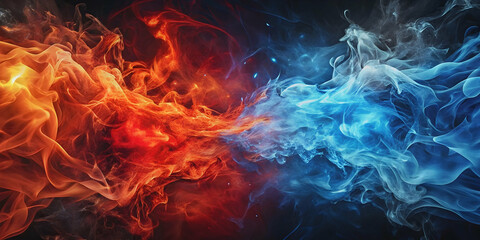 Fototapeta premium Fiery clash of red and blue abstract shapes creating a dramatic and dynamic visual impact, fire, red, blue, clash, abstract