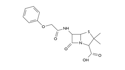 penicillin v molecule, structural chemical formula, ball-and-stick model, isolated image antibiotic
