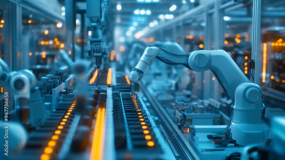 Poster close-up of an industrial robotic arm working on an assembly line with products moving on conveyor b