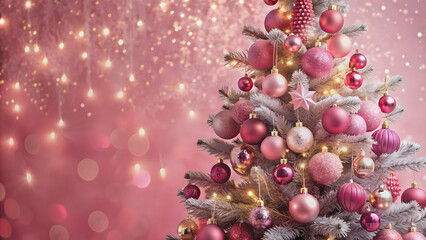 Festive pink Christmas tree adorned with glistening ornaments and twinkling lights, pink, Christmas tree, decorations