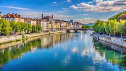 Naklejka premium Scenic view of Saone river between Barbe island and Quai Clemenceau, Lyon France, Lyon, France, Saone river