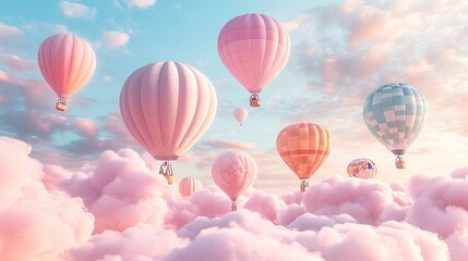 Naklejka premium A pastel dreamscape featuring a hot air balloon festival, with balloons in various shapes and colors floating through a cotton candy sky.