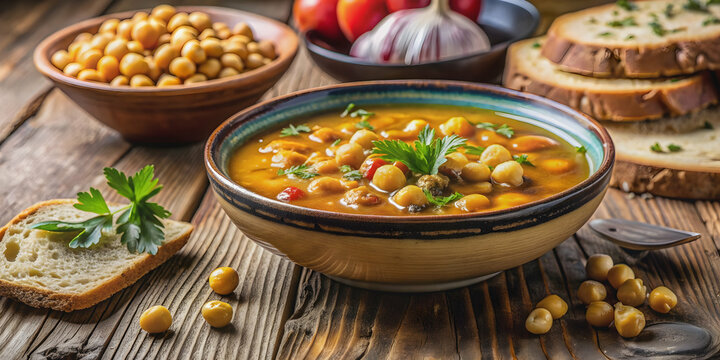 Traditional Tunisian chickpea soup with bread and olive oil drizzle in bowl on rustic table, Lablabi, Tunisian
